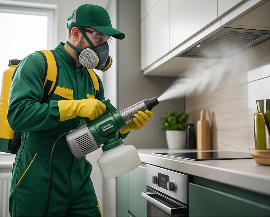 Ilustração de aplicação de controle de insetos em cozinha